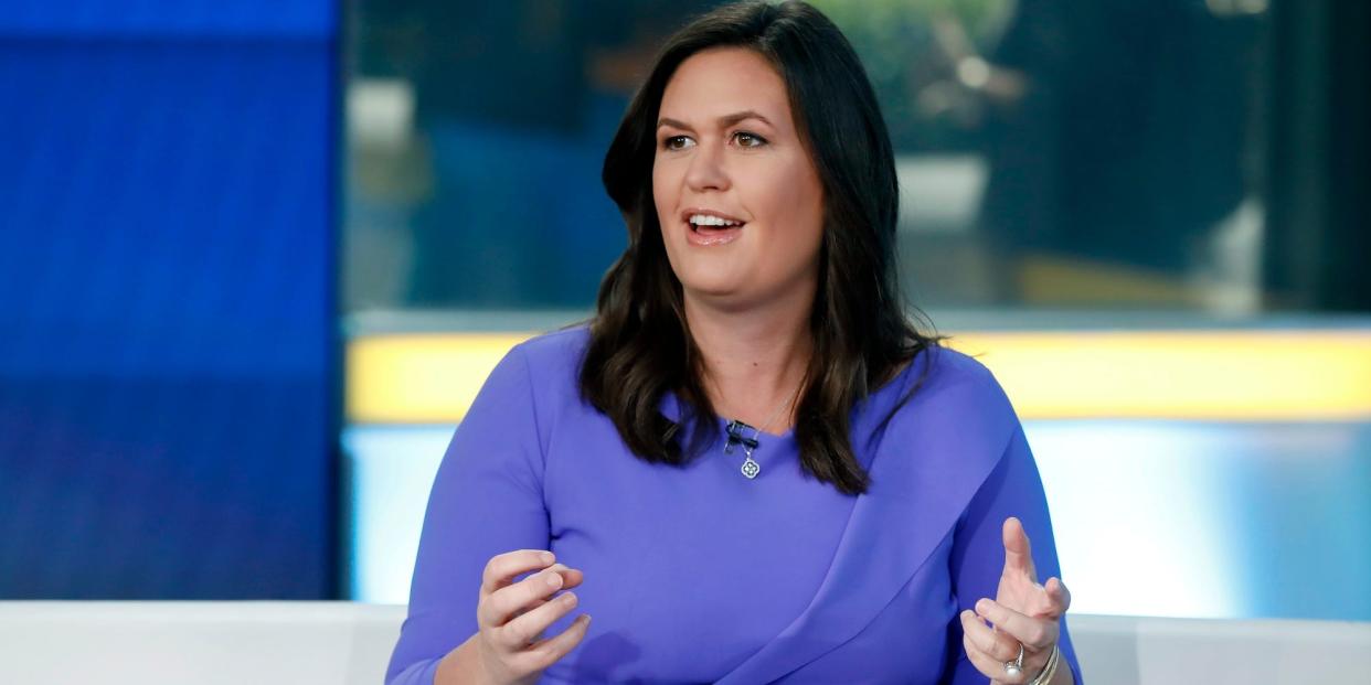 Fox News contributor Sarah Sanders makes her first appearance on the "Fox & Friends" television program on Sept. 6, 2019, in New York