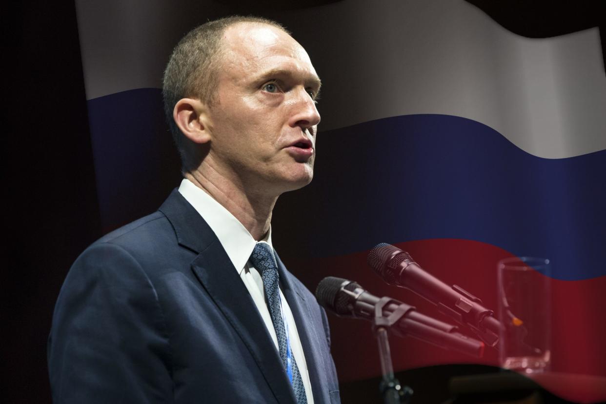 Carter Page speaks at the graduation ceremony for the New Economic School in Moscow, Russia in July 2016. (Photo illustration: Yahoo News, photos: Pavel Golovkin/AP, AP)