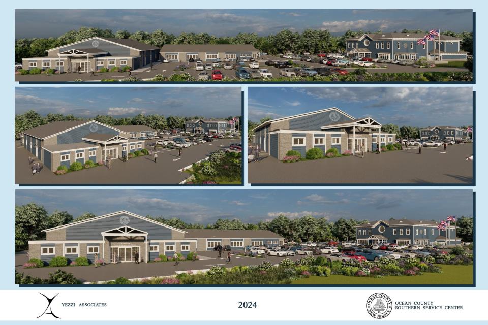 An artist’s renderings of the new Stafford branch of the Ocean County Library in relation to the location of the existing Ocean County Southern Service Center. The new library complex is under construction and expected to open early next year.