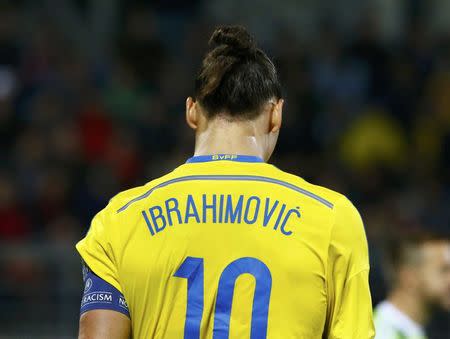 Sweden's Zlatan Ibrahimovic walks during their Euro 2016 group G qualification soccer match against Liechtenstein in the Rheinpark stadium in Vaduz, Liechtenstein October 9, 2015. REUTERS/Ruben Sprich