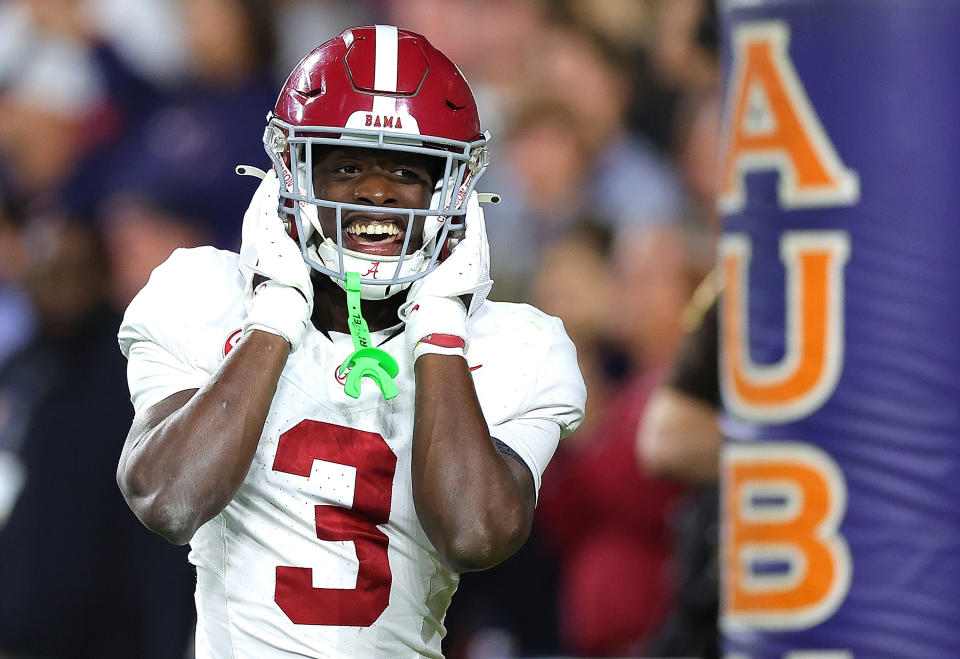 AUBURN, ALABAMA – NOVEMBER 25: Terrion Arnold #3 of the Alabama Crimson Tide reacts after intercepting the final pass of the game in their 27-24 win over the Auburn Tigers at Jordan-Hare Stadium on November 25, 2023 in Auburn, Alabama. (Photo by Kevin C. Cox/Getty Images)