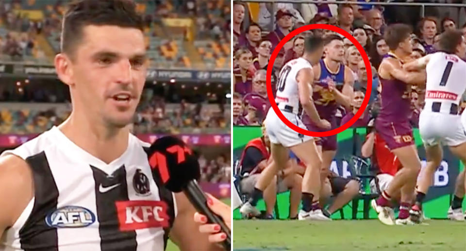 Seen here, Scott Pendlebury hits out at Lachie Neale in the AFL grand final rematch.