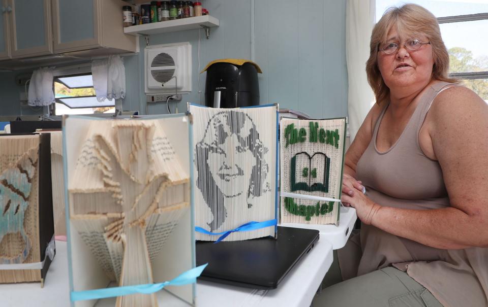 Sandra Kissinger turns old books into art as both a creative outlet and a way to make a little money. She hopes to supplement her income by teaching people how she transforms the books.