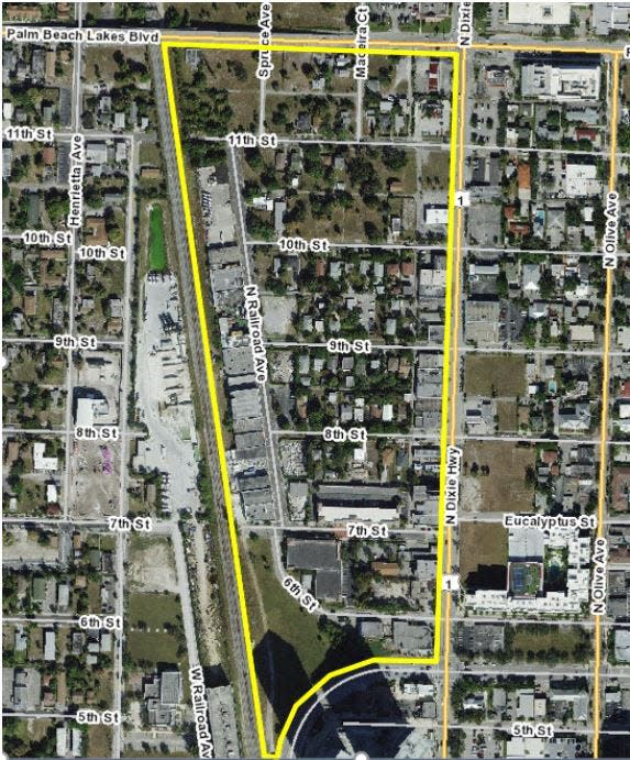 Map of the Nora District, which was approved by the City of West Palm Beach in February 2022. The Nora District, which will include shops, restaurants and residential units, spans 40 acres between Palm Beach Lakes Boulevard and North Quadrille Boulevard between North Dixie Highway and the Florida East Coast Railway tracks. Credit: City of West Palm Beach