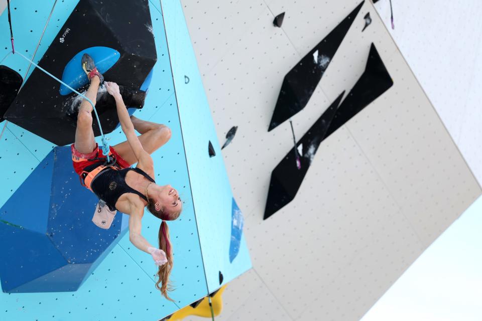 Germany's Hannah Meul competes during the Sport Climbing Women's Lead qualification at the European Championships Munich 2022 in Munich, Germany.