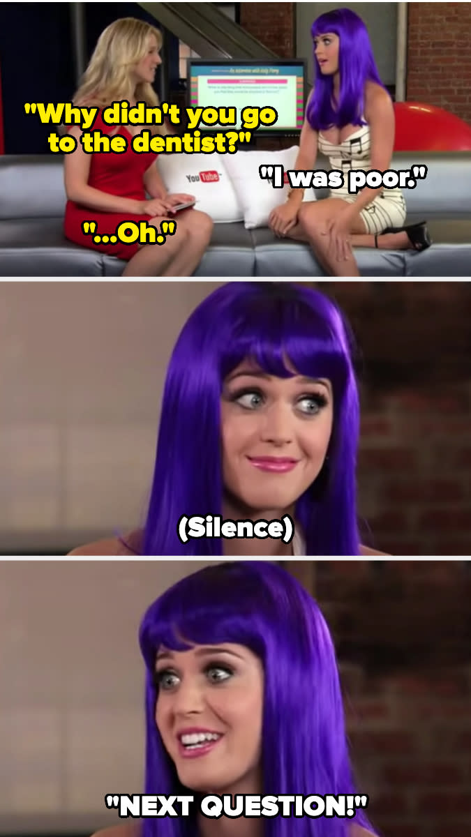 Frame 1: Interviewer asks, "Why didn't you go to the dentist?" Interviewee responds, "I was poor." Frame 2: Interviewer says, "...Oh."Frame 3: Interviewee sits silently.Frame 4: Interviewee says, "NEXT QUESTION!"