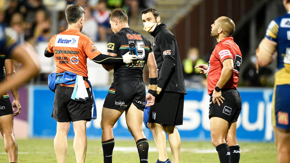 Seen here, the incident that landed Panthers trainer in hot water in the match against the Eels.