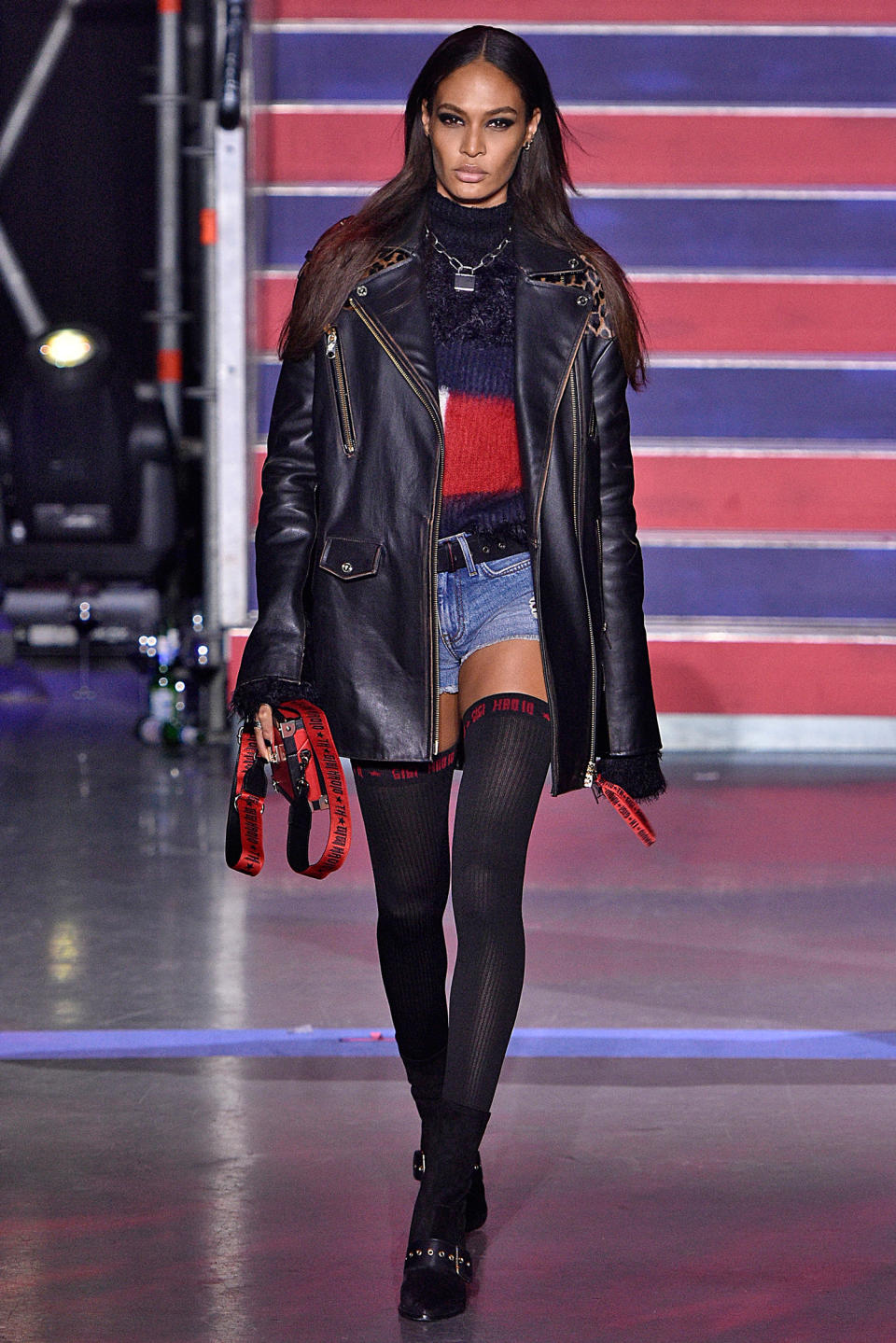 <p>Smalls looked extra edgy in a leather coat and black thigh-highs from the new Tommy x Gigi collection.</p>