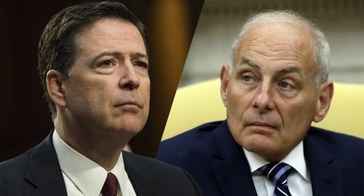Former FBI director James Comey; White House chief of staff John Kelly. (Photos: Patsy Lynch/MediaPunch/IPX/AP; Evan Vucci/AP)