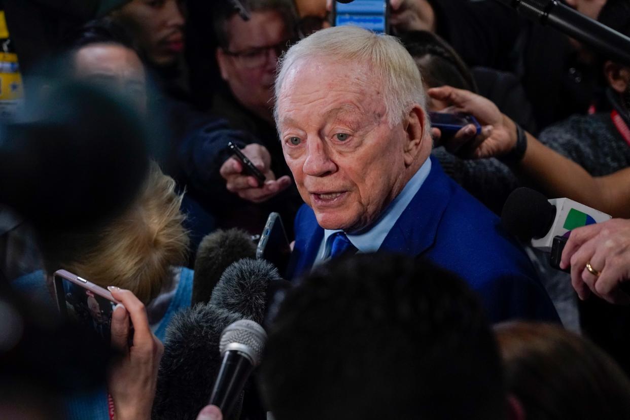 Dallas Cowboys owner Jerry Jones speaks to reporters following an NFL football game between the Cowboys and the Green Bay Packers, Sunday, Jan. 14, 2024, in Arlington, Texas.