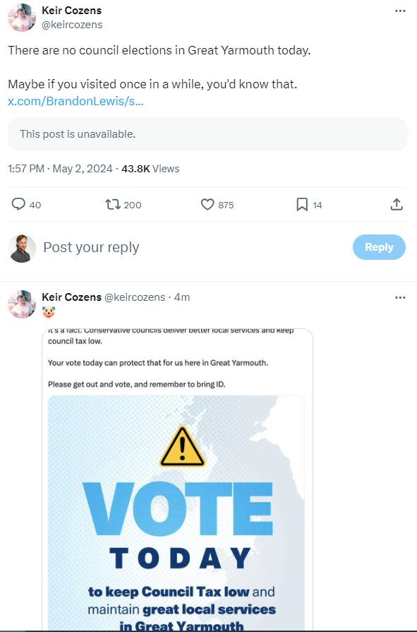 Eastern Daily Press: Labour parliamentary candidate Keir Cozens responded to the tweet, which has since been deleted