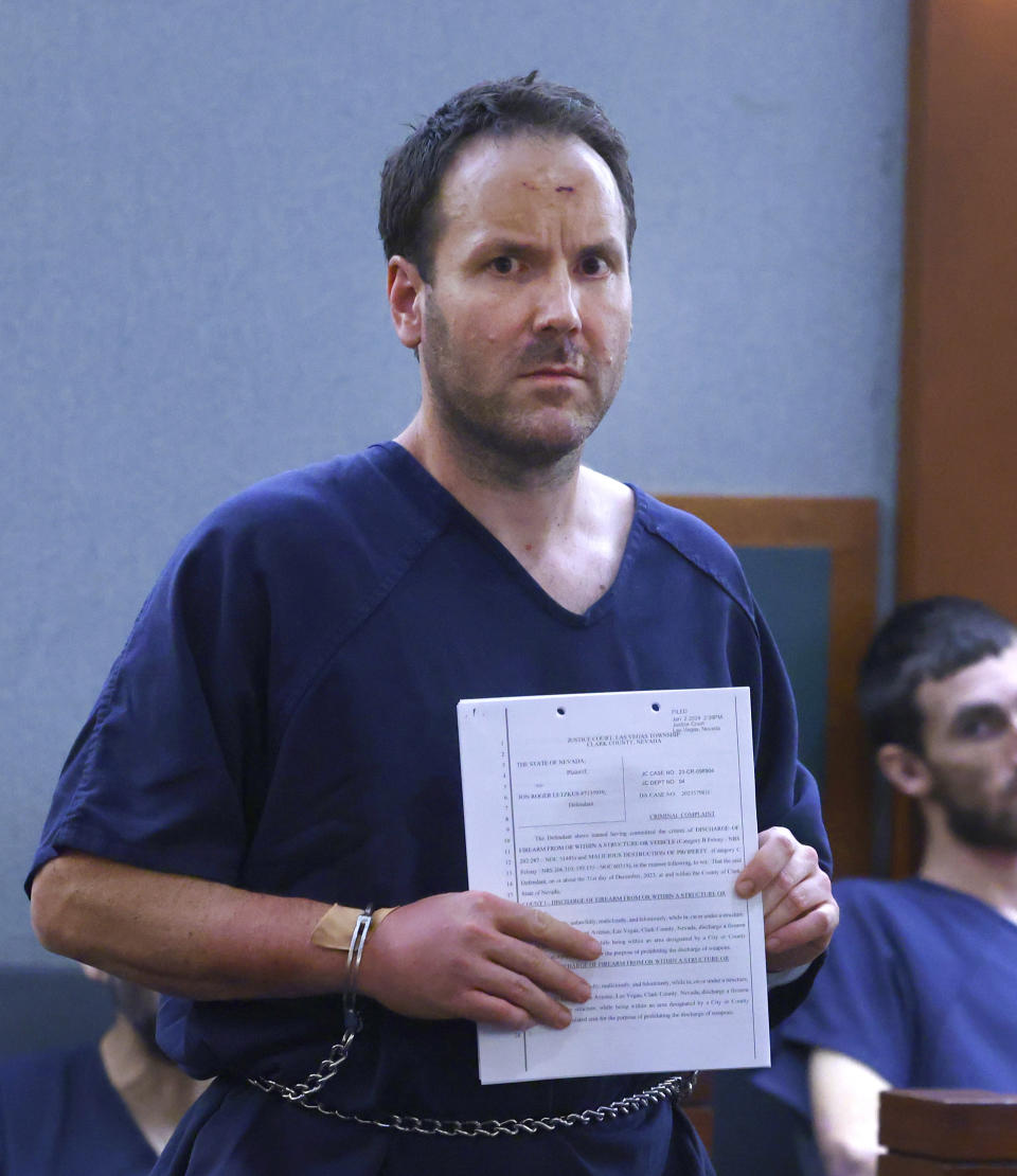 Jon Roger Letzkus, who was arrested for firing a gun from a high rise on New Year's Eve morning, appears in court during a hearing at the Regional Justice Center, Wednesday, Jan. 3, 2024, in Las Vegas. (Bizuayehu Tesfaye/Las Vegas Review-Journal via AP)