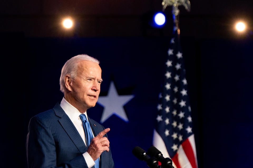 El exvicepresidente Joe Biden, el candidato presidencial demócrata, da un discurso en Wilmington, Delaware, el viernes 6 de noviembre de 2020. (Erin Schaff/The New York Times)