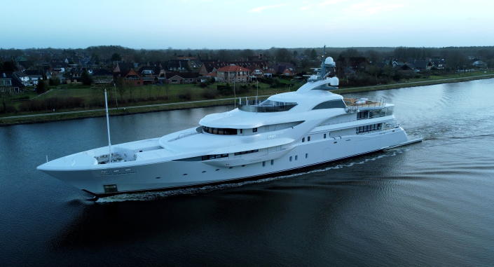 The yacht Graceful sails along the Kiel Canal near Rendsburg, north of Hamburg, Germany.