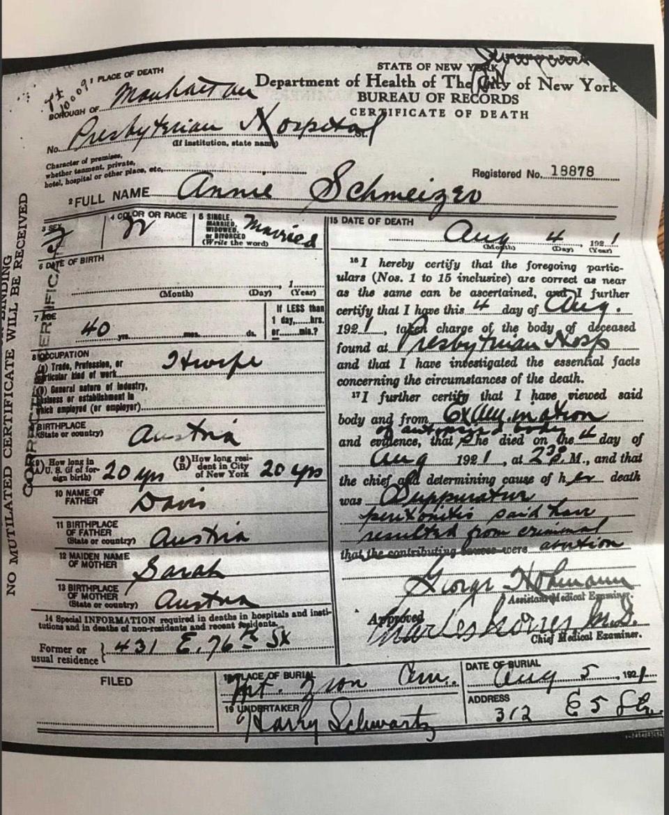 A document from the NYC Department of Health laid bare the family secret about how Sophia Rick Yudell's great-great-grandmother really died.