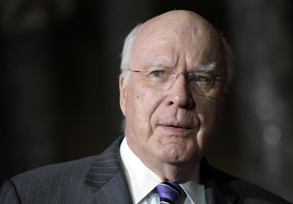 FILE - Sen. Patrick Leahy, D-Vt., waits in the Old Senate Chamber to reenact his swearing in as President Pro Tempore of the Senate on Capitol Hill in Washington, Dec. 18, 2012. Israel expects its top ally, the United States, to announce that it’s blocking military aid to an Israeli army unit over gross human rights abuses in the Israeli-occupied West Bank before the war in Gaza began six months ago. The move would mark the first time that a U.S. administration has invoked a 27-year-old congressional act known as the Leahy law against an Israeli military unit. (AP Photo/Susan Walsh, File)