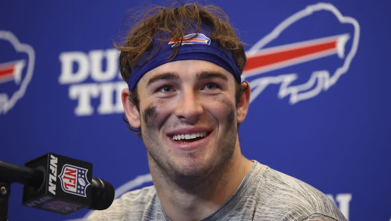 Buffalo Bills tight end Dalton Kincaid speaks at a news conference following an NFL football game against the Tampa Bay Buccaneers, Thursday, Oct. 26, 2023, in Orchard Park, N.Y. 