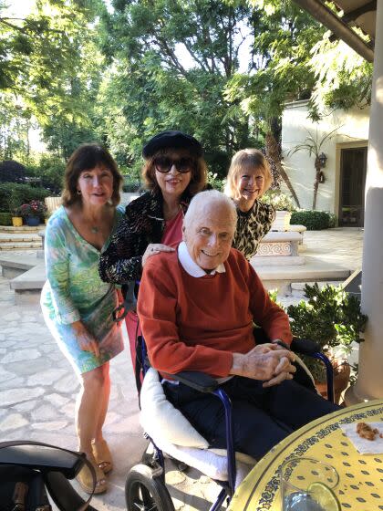 Former Mayor Richard Riordan, center, with Donna Foote, left, Patt Morrison, center, and Martha Groves, right.