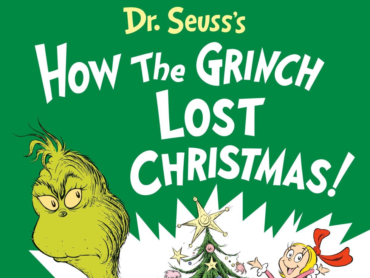 The cover for "How the Grinch Lost Christmas!" with the iconic green Grinch in the foreground, and Cindy Lou Who decorating a Christmas tree behind him.