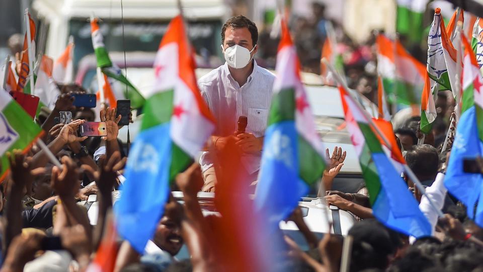 Congress leader Rahul Gandhi during his election campaign for the upcoming Tamil Nadu Assembly polls, at Church Road in Kanyakumari district, Monday, 1 March, 2021.