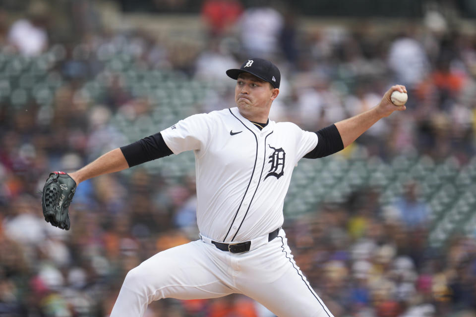 Detroit Tigers pitcher Tarik Skubal throws against the Milwaukee Brewers in the third inning of a baseball game, Sunday, June 9, 2024, in Detroit. (AP Photo/Paul Sancya)