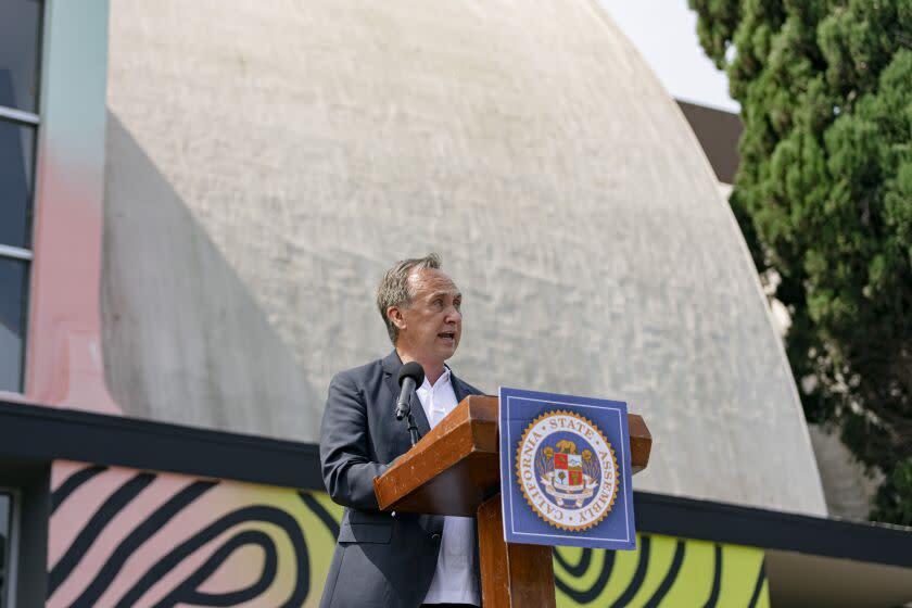 Baldwin Hills, CA - July 20: Attorney and activist Rick Chavez Zbur advocates for increased response to the spread of Monkey Pox to members of the media gathered at Out Here Sexual Health Center on Wednesday, July 20, 2022 in Baldwin Hills, CA. (Wesley Lapointe / Los Angeles Times)