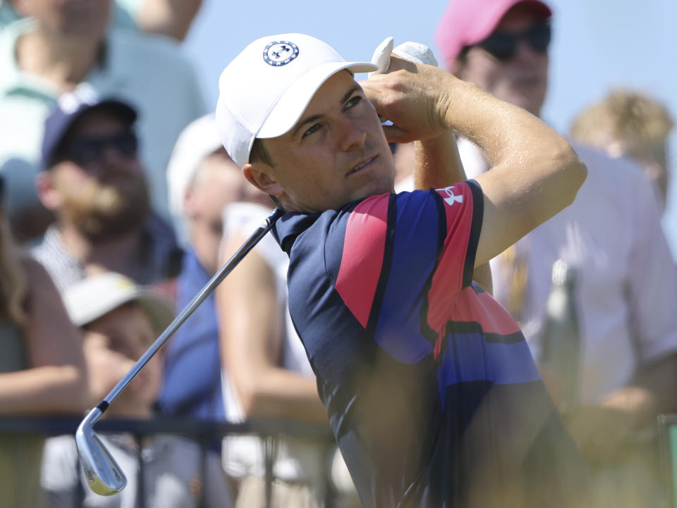 United States' Jordan Spieth plays his tee shot on the 3rd tee during the final round of the British Open Golf Championship at Royal St George's golf course Sandwich, England, Sunday, July 18, 2021. (AP Photo/Ian Walton)