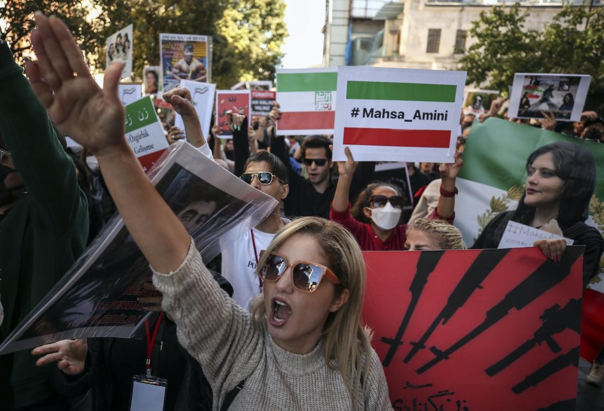Protestors are pressing the Iranian regime for changes since the death of 22-year-old Mahsa Amini. <a href="https://newsroom.ap.org/detail/TurkeyIranProtest/d9ae2b7e51934fa2adc8d553e095e291/photo?Query=mahsa%20amini%20iran&mediaType=photo&sortBy=&dateRange=Anytime&totalCount=554&currentItemNo=157" rel="nofollow noopener" target="_blank" data-ylk="slk:AP Photo/Emrah Gurel;elm:context_link;itc:0;sec:content-canvas" class="link ">AP Photo/Emrah Gurel</a>