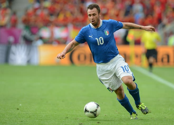 Italian forward Antonio Cassano controls the ball during the Euro 2012 championships football match Spain vs Italy on June 10, 2012 at the Gdansk Arena. AFP PHOTO / CHRISTOF STACHECHRISTOF STACHE/AFP/GettyImages