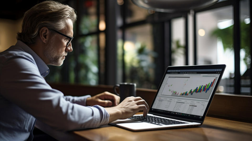 A data analyst poring over data dashboards with a laptop in a modern office.