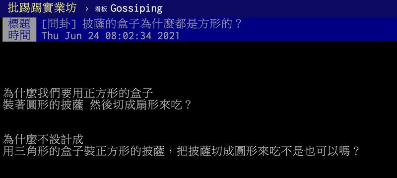 網友貼文發問「披薩的盒子為什麼都是方形的？」（圖／翻攝自PTT）