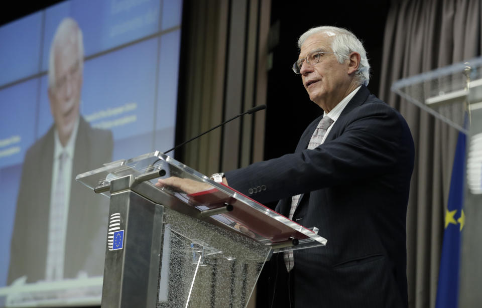 European Union foreign policy chief Josep Borrell speaks during a media conference after a meeting of EU foreign affairs ministers at the European Council building in Brussels, Monday, Sept. 21, 2020. European Union foreign ministers on Monday discussed whether to impose sanctions on dozens of Belarus officials, including President Alexander Lukashenko, after holding talks with the country's exiled opposition leader Sviatlana Tsikhanouskaya. (Olivier Hoslet, Pool via AP)