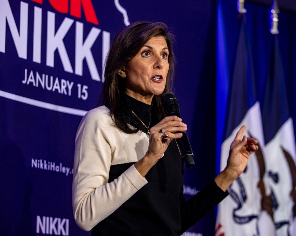 Nikki Haley has claimed a ‘Democrat plant’ asked her what caused the Civil War at a New Hampshire town hall on 27 December (AP)