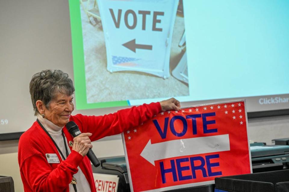 Placer County Elections worker Murriel Oles, 80, gives a detailed presentation on poll worker procedures in Rocklin on Friday.