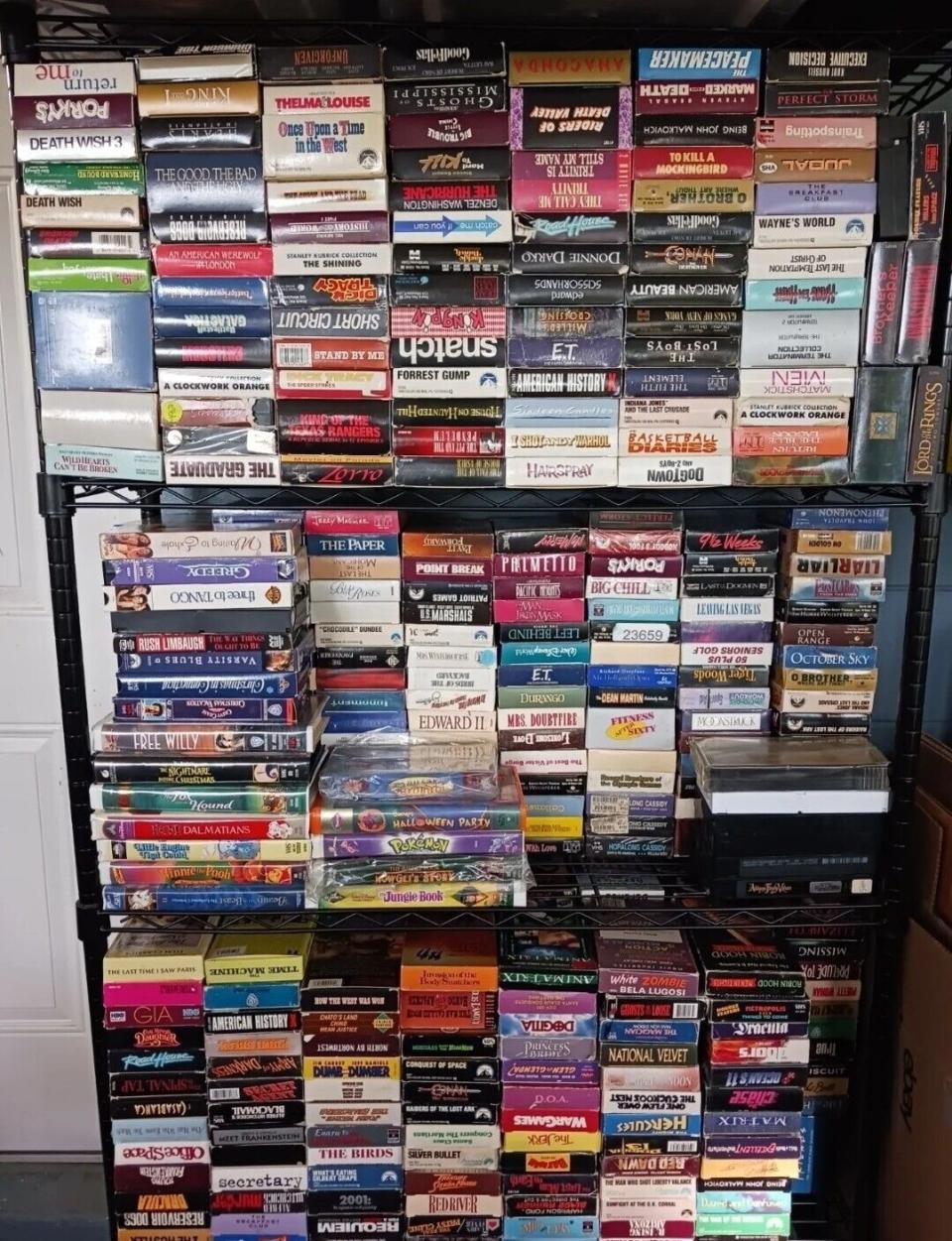 Collection of VHS tapes on shelves, featuring classic movies such as "Thelma & Louise", "Gone with the Wind", and "The Terminator"