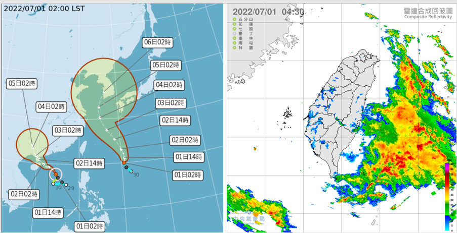 左圖：1日2時中央氣象局「路徑潛勢預測圖」顯示，「輕颱芙蓉」朝廣東前進；菲律賓東方「熱帶低壓」亦將發展為「輕颱艾利」，朝琉球海面前進。  右圖：1日4:30雷達回波合成圖顯示：台灣東側有較多降水回波。（圖／翻攝自吳德榮專欄） 