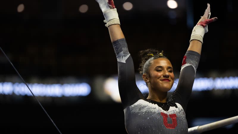Utah Utes Amelie Morgan competes on the bars during the Sprouts Farmers Market Collegiate Quads at Maverik Center in West Valley on Saturday, Jan. 13, 2024. #1 Oklahoma, #2 Utah, #5 LSU, and #12 UCLA competed in the meet.
