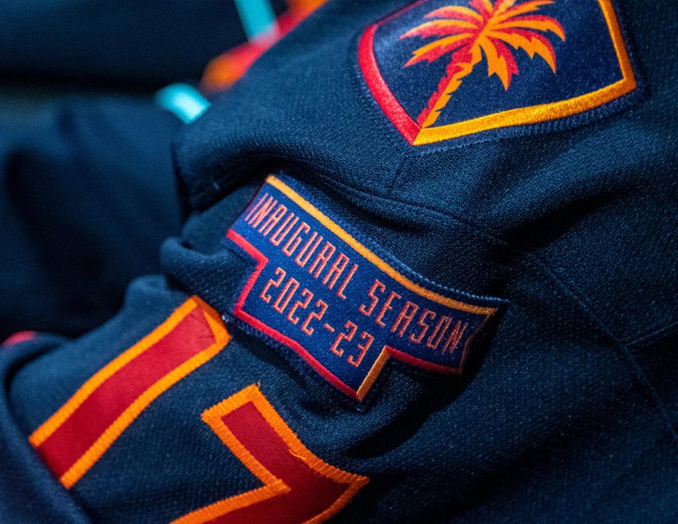 A patch celebrating the Coachella Valley Firebirds' inaugural season is seen on forward Max McCormick's jersey after their game at Kraken Community Iceplex in Seattle, Wash., Friday, Oct. 21, 2022. 