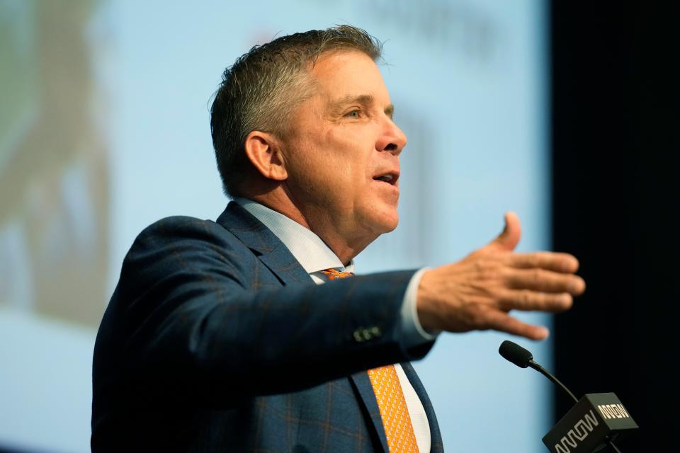 Denver Broncos new head coach Sean Payton is introduced during a news conference at the team's headquarters on Monday, Feb. 6, 2023, in Centennial, Colo. (AP Photo/David Zalubowski)