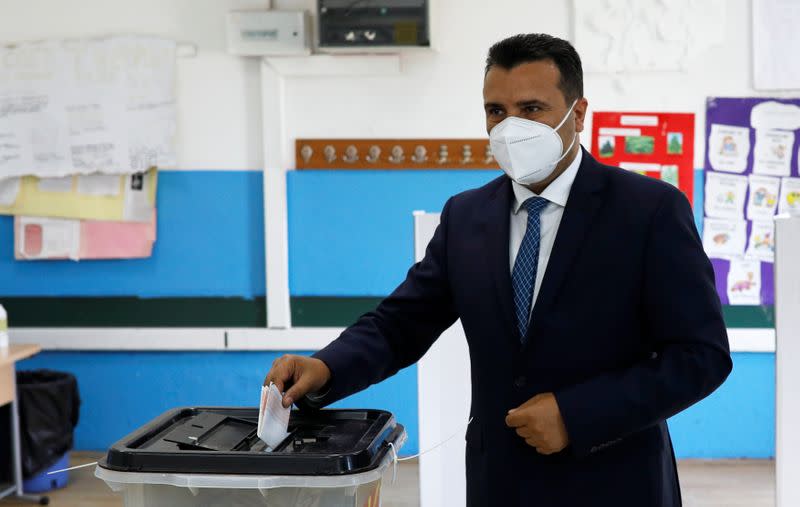 Macedonian Former Prime Minister and leader of the ruling SDSM party Zoran Zaev casts his ballot at a polling station during the general election, in Strumica