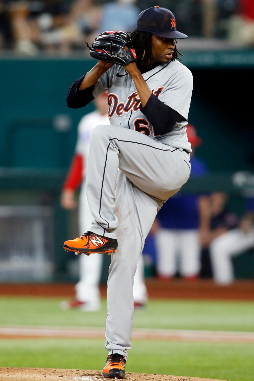 Tigers pitcher Jose Urena throws a pitch in the first inning in Arlington, Texas, Tuesday, July 6, 2021.