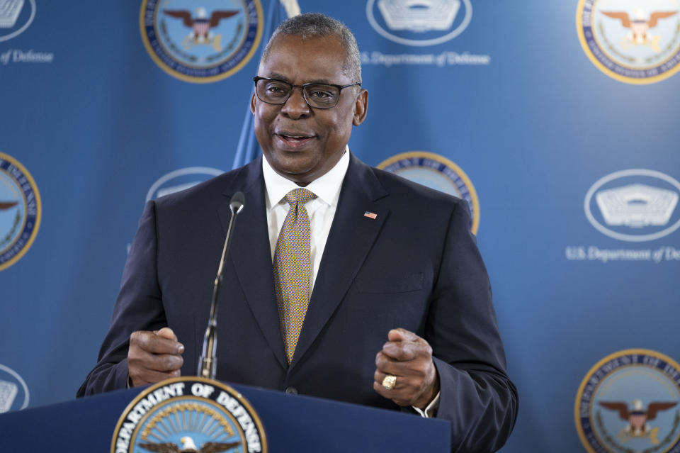 Defense Secretary Lloyd Austin holds a press briefing with Chairman of the Joint Chiefs of Staff Gen. Mark Milley at the Pentagon on Thursday, May 25, 2023, in Washington. (AP Photo/Kevin Wolf)