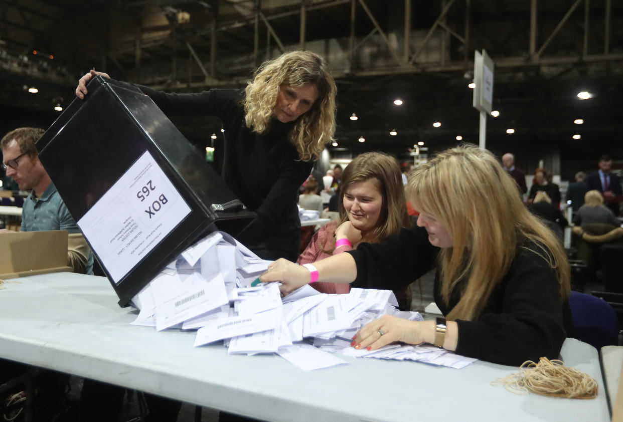 exit poll A ballot box in emptied of ballot papers at the SEC Centre in Glasgow after voting closed in the 2019 General Election. (Photo by Andrew Milligan/PA Images via Getty Images)