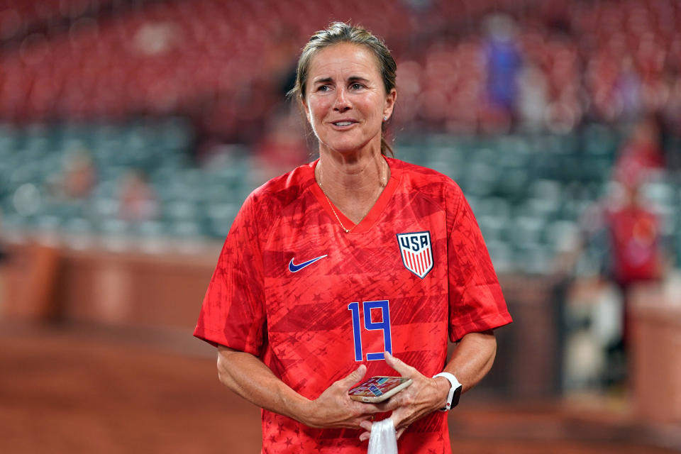 ST. LOUIS, MO - MAY 16: Former United States player Brandi Chastain looks on after game action during an international friendly match between the United States woman's national team and the New Zealand women's national team on May 16, 2019 at Busch Stadium, in St. Louis, MO. (Photo by Robin Alam/Icon Sportswire via Getty Images)