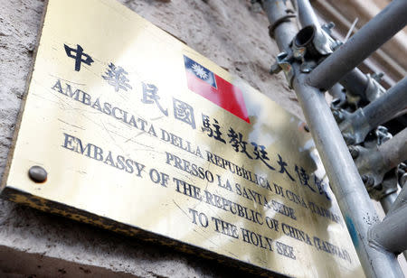 A plaque outside the building that houses Taiwan's Embassy to the Holy See is pictured in Rome, Italy March 14, 2018. REUTERS/Remo Casilli