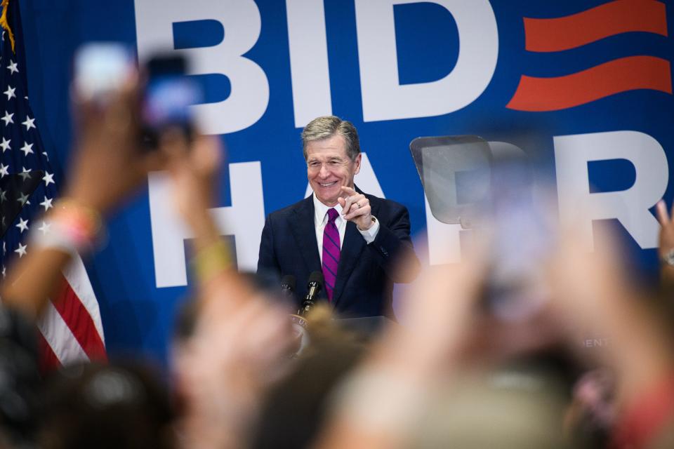 N.C. Gov. Roy Cooper speaks at a Vice President Kamala Harris campaign event in Fayetteville at Westover High School on Thursday, July 18, 2024.