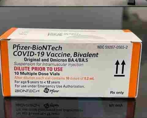 One pack of Pfizer-BioNTech Omicron BA.4/BA.5 bivalent COVID-19 vaccine vials for children ages 5 to 11 years old .Handout Pfizer photo