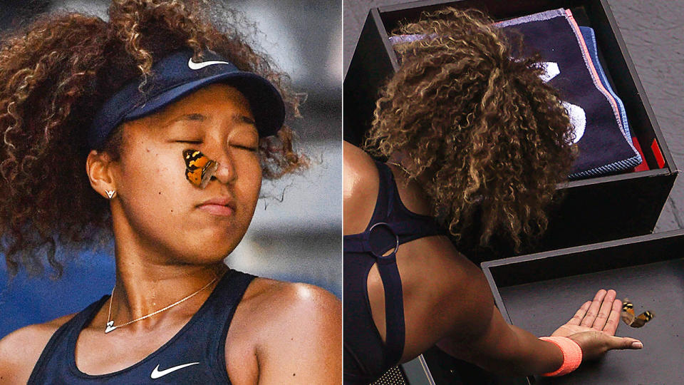Pictured here, a butterfly lands on Naomi Osaka's face at the 2021 Australian Open.