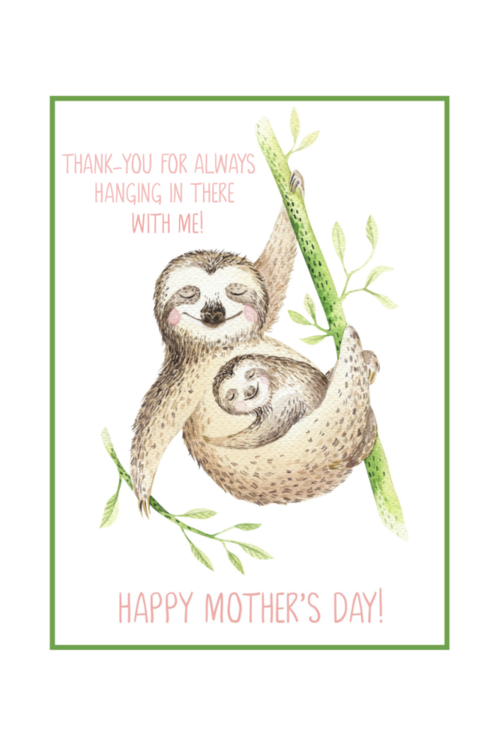 <p>For the Mom who's been with you through everything, this sweet sloth card hits all the right notes. </p><p>Get the <strong><a href="https://www.cleanandscentsible.com/free-printable-mothers-day-cards/" rel="nofollow noopener" target="_blank" data-ylk="slk:Thank You For Always Hanging In There printable" class="link ">Thank You For Always Hanging In There printable</a></strong> at Clean & Scentsible.</p>