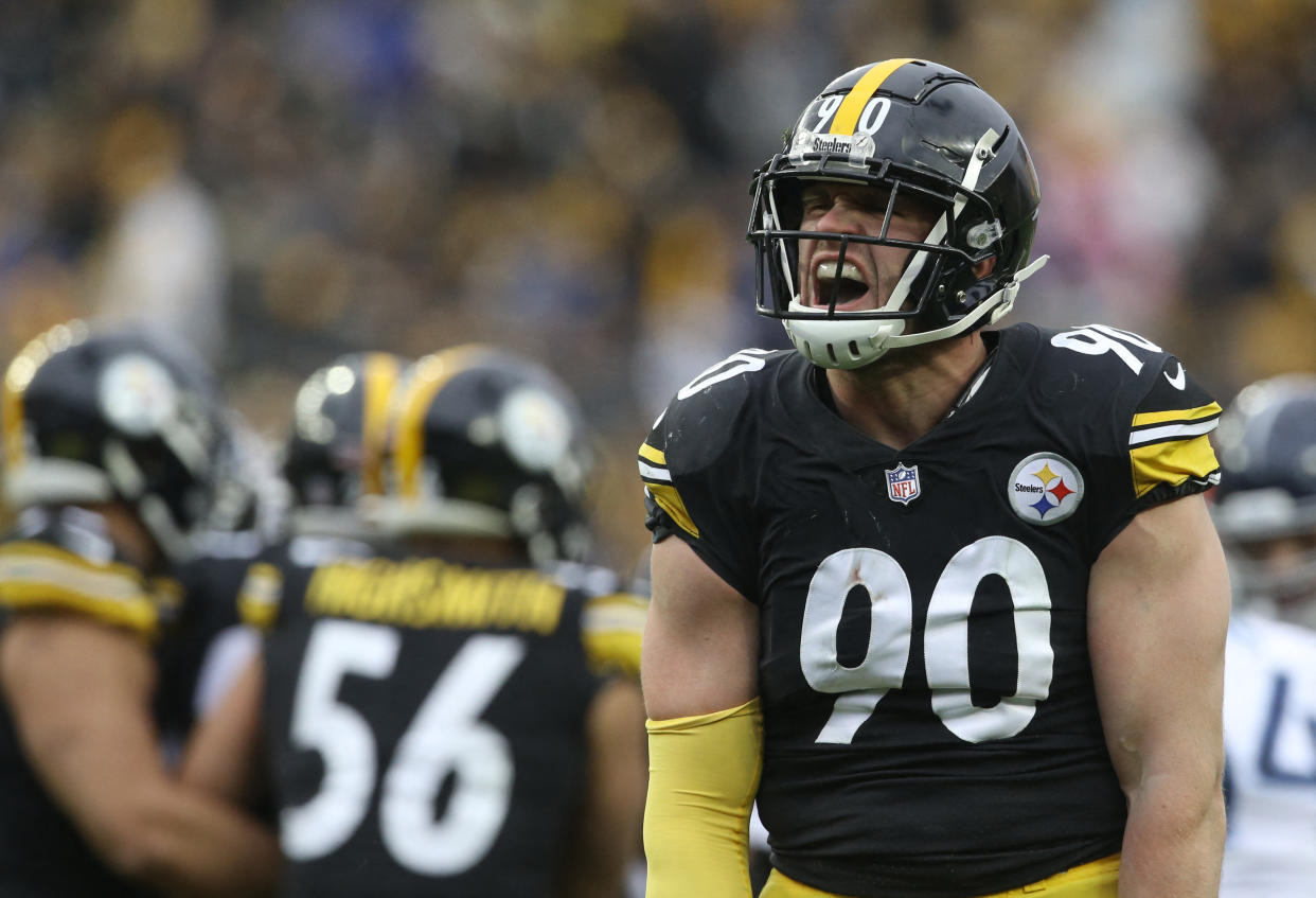 Dec 19, 2021; Pittsburgh, Pennsylvania, USA; Pittsburgh Steelers outside linebacker T.J. Watt (90) reacts after recording a sack against the Tennessee Titans during the third quarter at Heinz Field. Mandatory Credit: Charles LeClaire-USA TODAY Sports